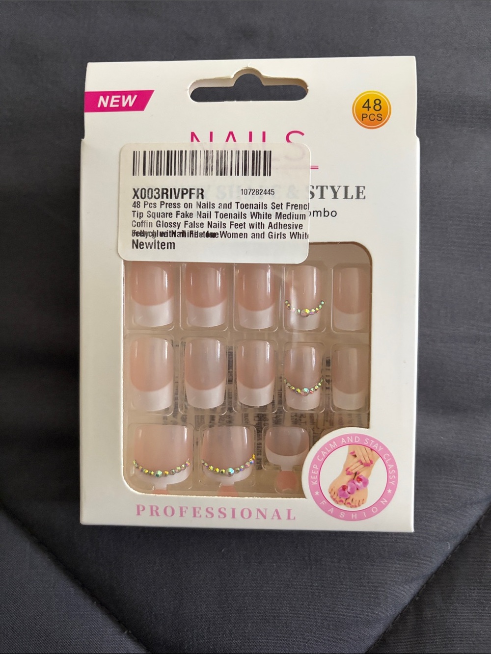 Professional Press-On Nail Set with Rhinestone Accent - Pink & White